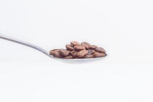 granos de café tostados en una cuchara de acero inoxidable sobre un espacio de fondo blanco de estilo moderno. foto