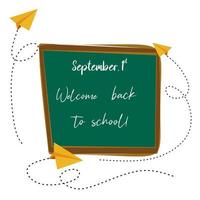 Welcome back to school. Stylish lettering on school blackboard with paper airplais flying around. Banner, post, frame. The concept of the beginning of the school year, the first day of school vector