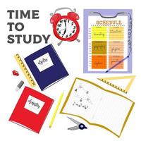 tiempo para estudiar el conjunto vectorial de elementos. gran colección de imágenes prediseñadas educativas. conjunto de estilo plano de vector con cuadernos, lápiz. alarma, goma de borrar, regla, sacapuntas, brújula y calendario