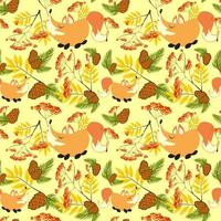 Autumn Forest pattern with cute foxes, pine branches and cones, rowan fruits and leaves. Seamless pattern for fabric, paper and other printing and web projects. vector