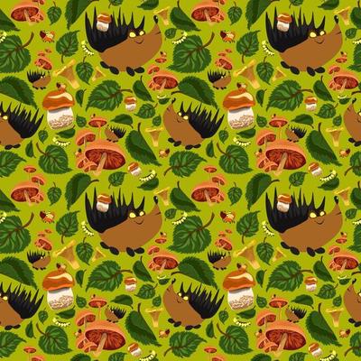 Summer Forest pattern with cute hedgehogs, caterpillars, beetles, mushrooms and tree leaves. Seamless pattern for fabric, paper and other printing and web projects.