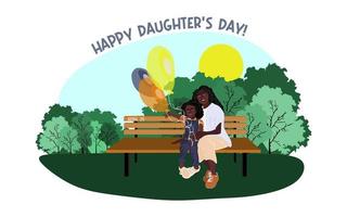feliz familia afroamericana sentada en un banco del parque en un clima soleado con globos. familia, madres, niños, padres, hijos, hijas, hermanos celebración del día diseño vectorial conceptual.