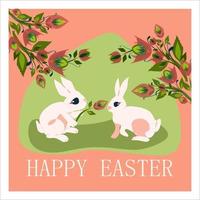 Happy Easter holiday and Hello spring concept in pastel colors cartoon style design. Isolated vector greeting card with Easter bunny in decorated with flowers pink Easter egg