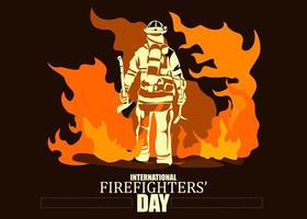 International firefighters day negative space. Firefighter silhouette vector illustration, as a banner, poster or template for international firefighters day with lettering, fire and flames