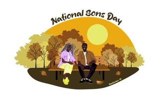Happy African American family sits on a park bench in sunny weather. National sons day conceptual vector design. Elderly mother sit on a bench with her son