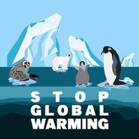 Global warming abstract concept. Sea leopard, polar bear, Penguin and baby penguinon drifting on a small ice floe of melting antarctic glacier. Flat cartoon vector illustration, Stop Global Warming