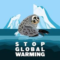 Global warming abstract concept. Sea leopard drifting on a small ice floe of melting antarctic glacier. Flat cartoon vector illustration, Stop Global Warming quote
