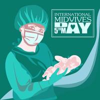 Young female midwife, happy smiling beautiful nurse carefully holding newborn baby, in scrubs, face mask, gloves. Midwives International Day, 5th May professional holiday vector poster.