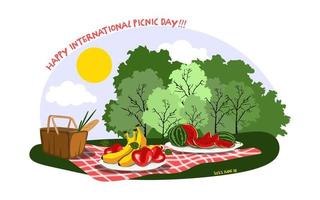 International and national picnic day vector illustration. Happy picnic day banner. The basket with meal, on a checkered red and white tablecloth watermelon and fruit in a plate in the park