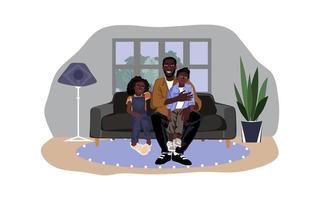 African American father with son and daughter sitting on the sofa in the room with modern interior. Happy smiling African american family. Vector flat illustration