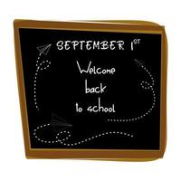 Welcome back to school. Stylish lettering on school blackboard with paper airplais flying around. Banner, post, frame. The concept of the beginning of the school year, the first day of school vector