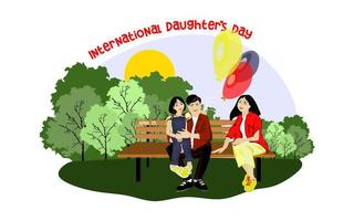 feliz familia asiática se sienta en un banco del parque en un clima soleado con globos. familia, madres, niños, padres, hijos, hijas, hermanos celebración del día diseño vectorial conceptual.