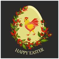 Isolated vector illustration with cute hen painted on Easter egg and decorated with red flowers. Happy Easter greeting card, banner or post.