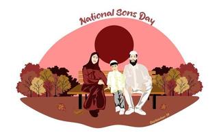 Happy Muslim family sits on a park bench in sunny weather. International sons day day conceptual vector design. Father sits on a bench with his kids