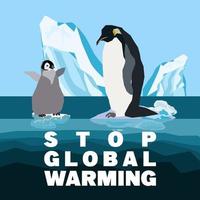 Global warming abstract concept. Penguin and baby penguinon drifting on a small ice floe of melting antarctic glacier. Flat cartoon vector illustration, Stop Global Warming quote