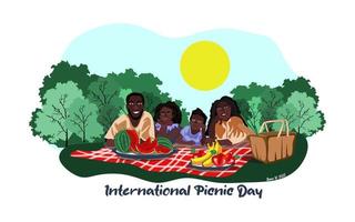 feliz familia afroamericana disfrutando de un picnic. pancarta del día de picnic. están tumbados en el césped de un parque, la cesta con comida, sobre un mantel a cuadros rojo y blanco sandía vector