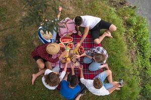 top view of group friends enjoying picnic time photo