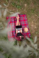 top view of man using a laptop computer under the tree photo
