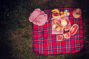 top view of picnic blanket setting on the grass photo