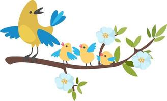 Yellow bird with chicks on a flowering branch, vector illustration