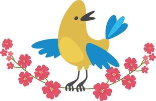 Yellow bird sits on a branch with red flowers vector