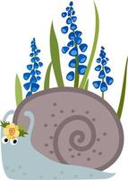 garden snail with blue muscari flowers, spring illustration cartoon style vector