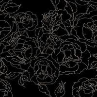 Seamless floral pattern with copper gold shiny outline roses on a dark background. Drawing flowers and buds vector illustration for fabric, wallpaper, wrapping paper.