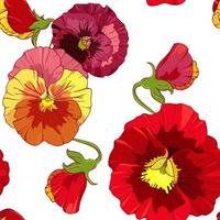 Red and orange pansies, pansy viola flowers. seamless vector pattern. background with colorful pansy