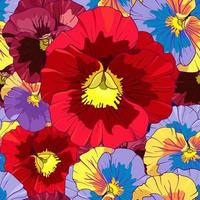 Bright red and blue flowers of pansy on a dark burgundy background. Seamless vector pattern. Hand drawing vector illustration.