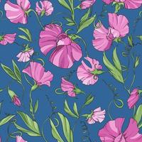 Pink  flowers  sweet pea  on a blue background,  floral seamless pattern. Pattern for fabric, wrapping paper, package design, web pages, invitations, greeting cards vector