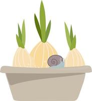 tres bulbos en una maceta, con un pequeño caracol. ilustración sobre el tema del vector de jardinería
