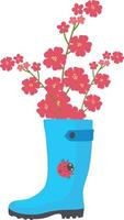 blue rubber boot with red flowers and ladybug. Illustration on the theme of gardening vector