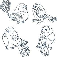 Set of four little  birds in cartoon style, hand drawing, Sketch  doodle monochrome vector illustration