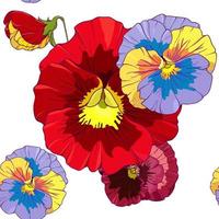 Bright red and orange flowers of pansy . Seamless vector pattern. Hand drawing vector illustration.