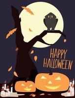 Halloween card with pumpkins and an owl and an old tree on the background of the moon. vector