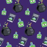 Seamless pattern for halloween. Poisons and the witch's cauldron. A book on the study of poisons. vector
