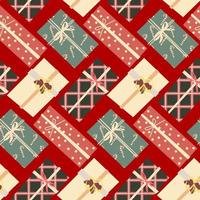 Christmas seamless pattern with gifts on a red background. vector