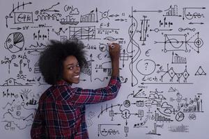 African American woman writing on a chalkboard in a modern office photo