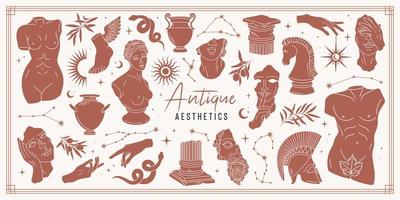 Antique aesthetics statues of mystical god, olive branches, hands, stars, ruined columns and pottery. Creative silhouette for poster design, wall, pattern. Isolated Greece statues in modern style