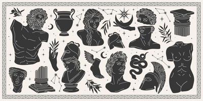 Antique aesthetics statues of mystical god, olive branches, hands, stars, ruined columns and pottery. Creative silhouette for poster design, wall, pattern. Isolated Greece statues in modern style