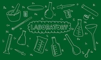 Back to school. Concept of laboratory. School background with hand drawn school supplies and speech bubble with Laboratory lettering in pop art style on green blackboard. delete mid for copy space