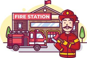 Fire fighter in front of fire station with fire truck vector