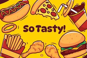 sabrosa ilustración de comida rápida con hamburguesa, pizza, perrito caliente, pollo, papas fritas y bebida