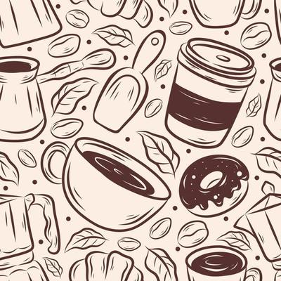 Hand Drawn Coffee And Beverages Seamless Pattern Background