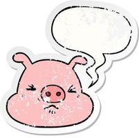 cartoon angry pig face and speech bubble distressed sticker vector