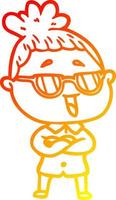 dibujo de línea de gradiente cálido mujer feliz de dibujos animados con gafas vector
