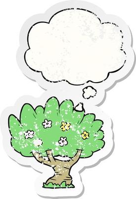 cartoon tree and thought bubble as a distressed worn sticker
