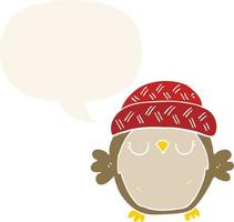 cute cartoon owl in hat and speech bubble in retro style vector