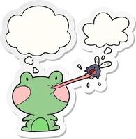 cartoon frog catching fly and thought bubble as a printed sticker vector