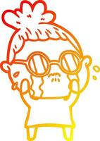 warm gradient line drawing cartoon crying woman wearing spectacles vector